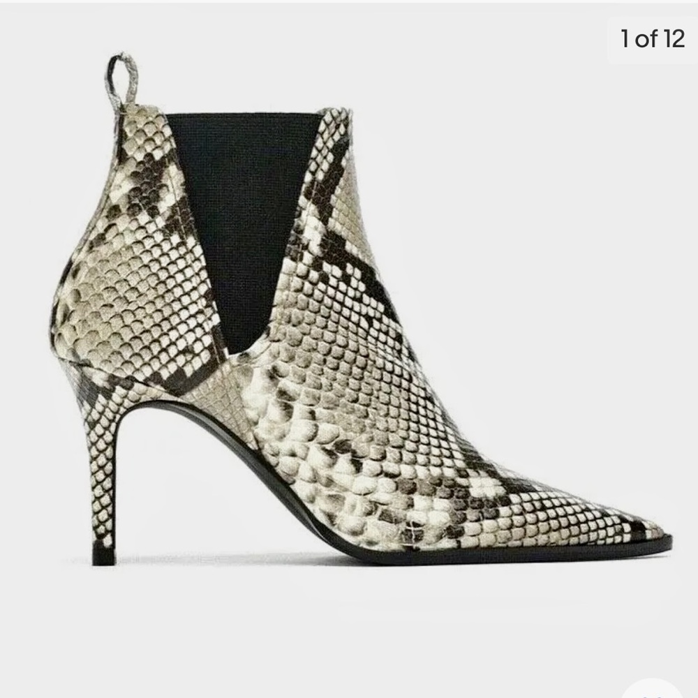 NWOT Zara Grey Women’s Snakeskin Print Kitten Heeled Ankle Boots Booties 7.5